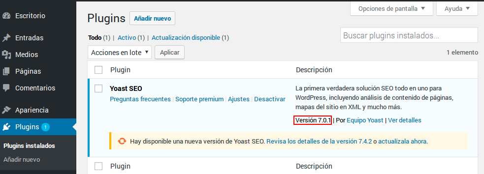 WordPress - Cambiada versión plugin